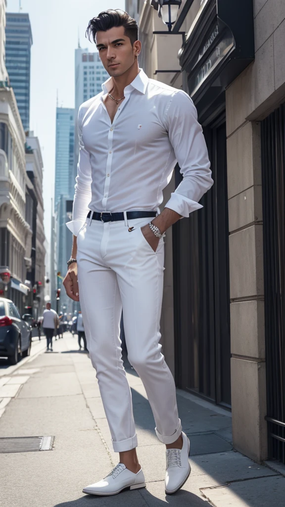 araffe man leaning on a lamp post on a city street, white dress shirt, wearing a white button up shirt, wearing a white shirt, street pic, wearing white shirt, masculine appeal high fashion, business clothes, business outfit, white shirt and jeans, handsome and elegant, in the city, well dressed, white shirt and blue jeans, well - dressed