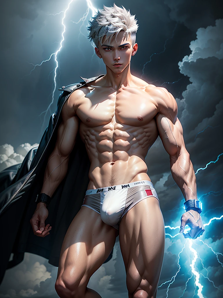 Bishonen anime slim cut body, hot man, 21 years old, luminous grey iris with weather manipulation powers, shirtless, tight fitted white mesh briefs, white socks and silver toe ring, flying 50 feet above the ground in a stormy sky, with lightning bolts in his hands. he creates a hurricane with his powers in the background, dark clouds and lightning fill the sky