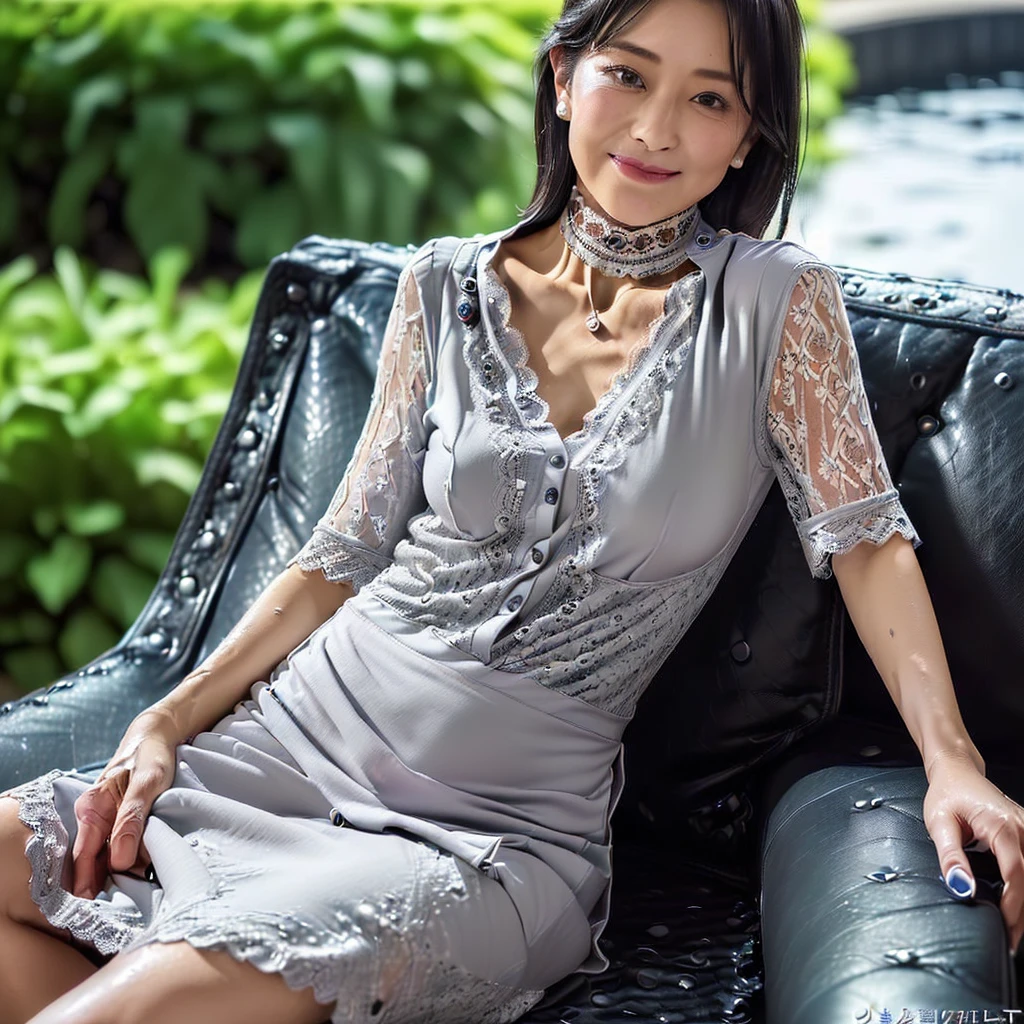 cinematic, Blue hour, (((Ultimate ultra Photorealistic, ultimate high-quality 32k photo))),(((An American shot photo, both arms behind on knees, show ultra detailed groin part, sexy Sitting with Knees Up on sofa, spread legs, wide open legs, legs spread in an ‘M’ shape, a42yo ultimate beautiful &cute Japanese actress, looking at viewer:1.6))),(((She has a very intelligent and ultimate maternal lovely beautiful Japanese face&black eyes, pointy nose, ultra detailed face, oval face, very blushing cheeks, ultimate well-proportioned face, seductive ­ smile, seductive hips and Waistline, ))),((black elegant wet short bob, very light naturally makeup)), Accurate depiction of fingers and arms:1.4, (((She has the ultimately perfect nice&Sensual proportions, very just fitted v-neck half sleeve grey elegant lacy buttonless Open-collar very wet one piece dress:1.5))), (((white beautiful ultimate realistic glossy wet Japanese lady Fair and beautiful sweaty skin , A simple and modest silver necklace, very Humid and Hot summer evening ,Tokyo business office street))), (((elegant mid-length skirt with a long slit is rolled up, showing ultra detailed her vagina for viewers :1.5)))