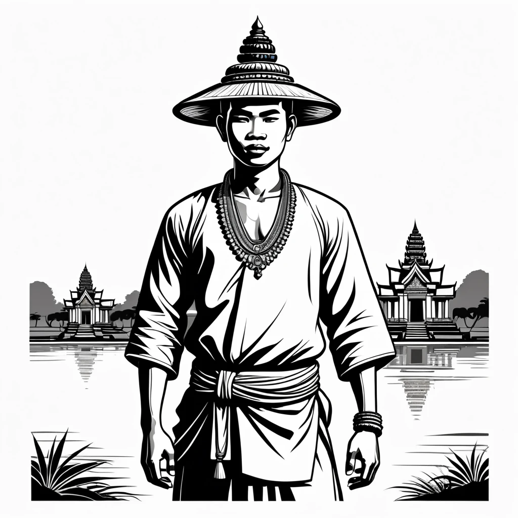 man in cambodia folk outfit, vector graphics, strong contours
