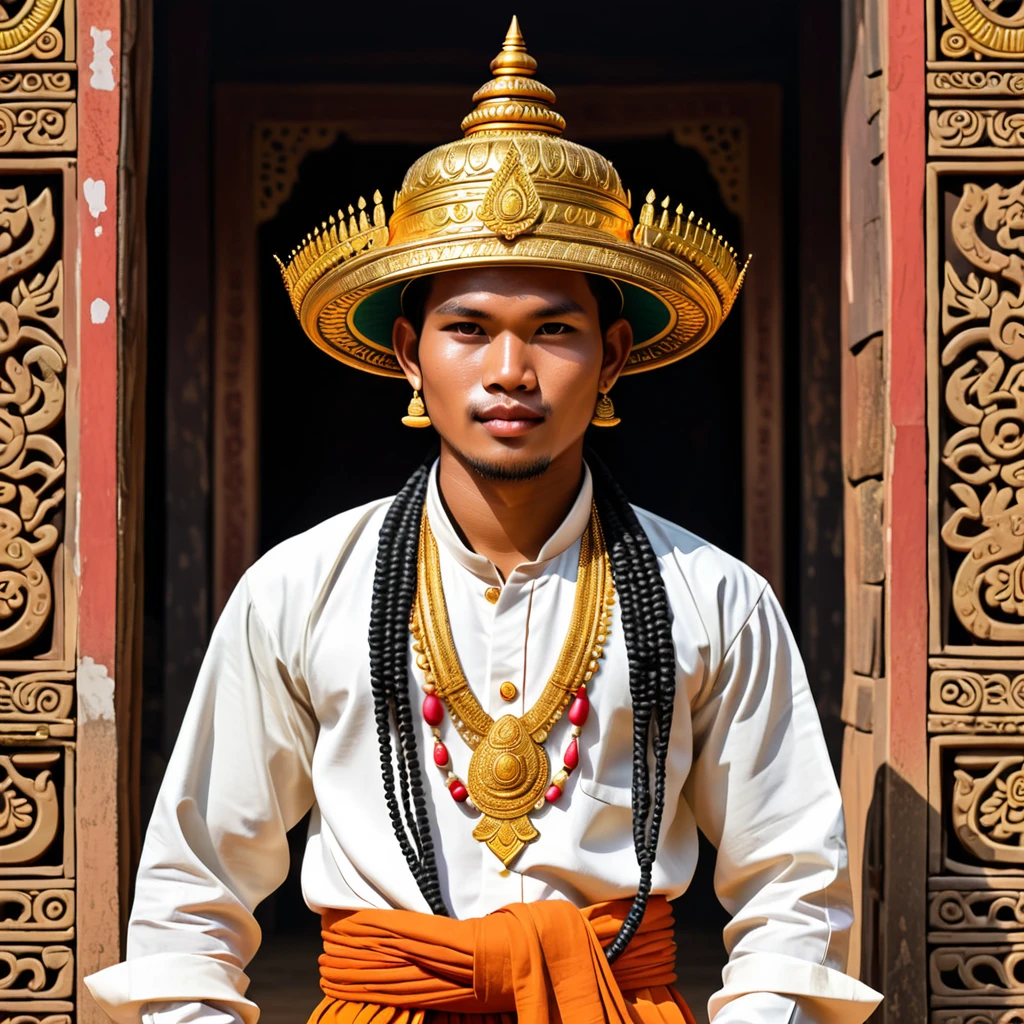 man in cambodia folk outfit, vector graphics, strong contours