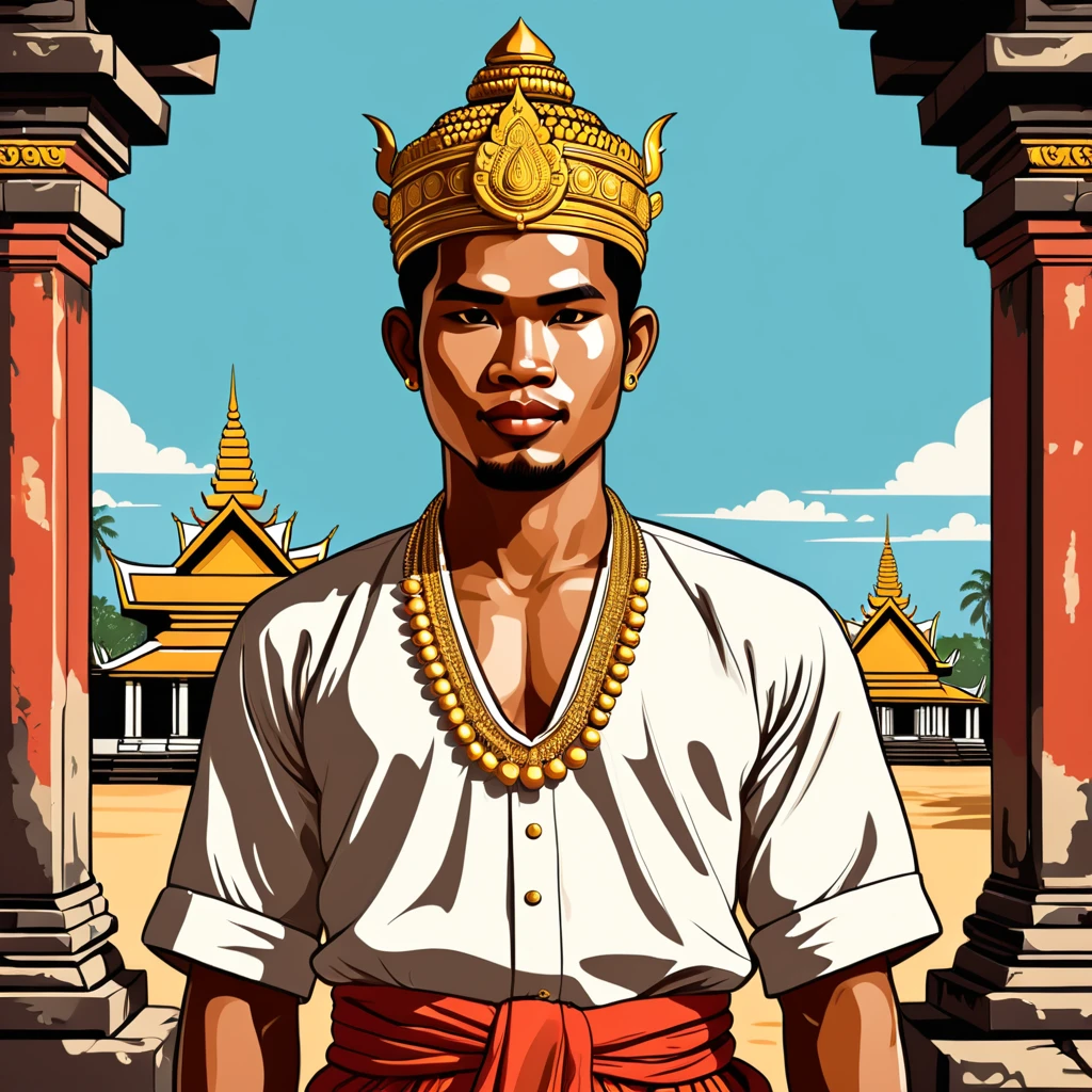 man in cambodia folk outfit, vector graphics, strong contours