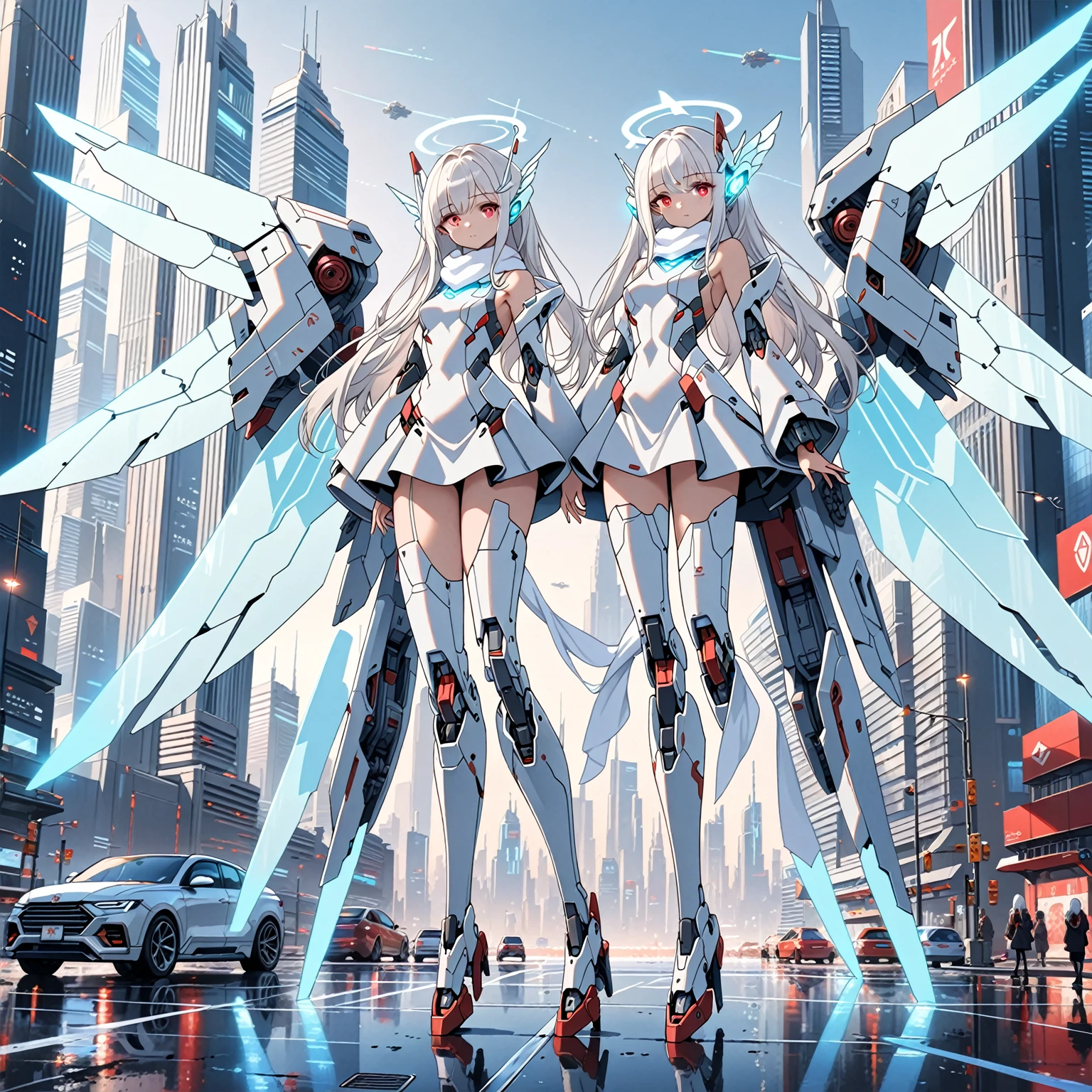 masterpiece, highest quality, highest resolution, clear_image, detailed details, white hair, long hair, 1 girl, car ears, red eyes, futuristic wings, futuristic halo, white sci fi mecha dress, white scarf (around the neck withn a light blue glow), full body, no water marks, city