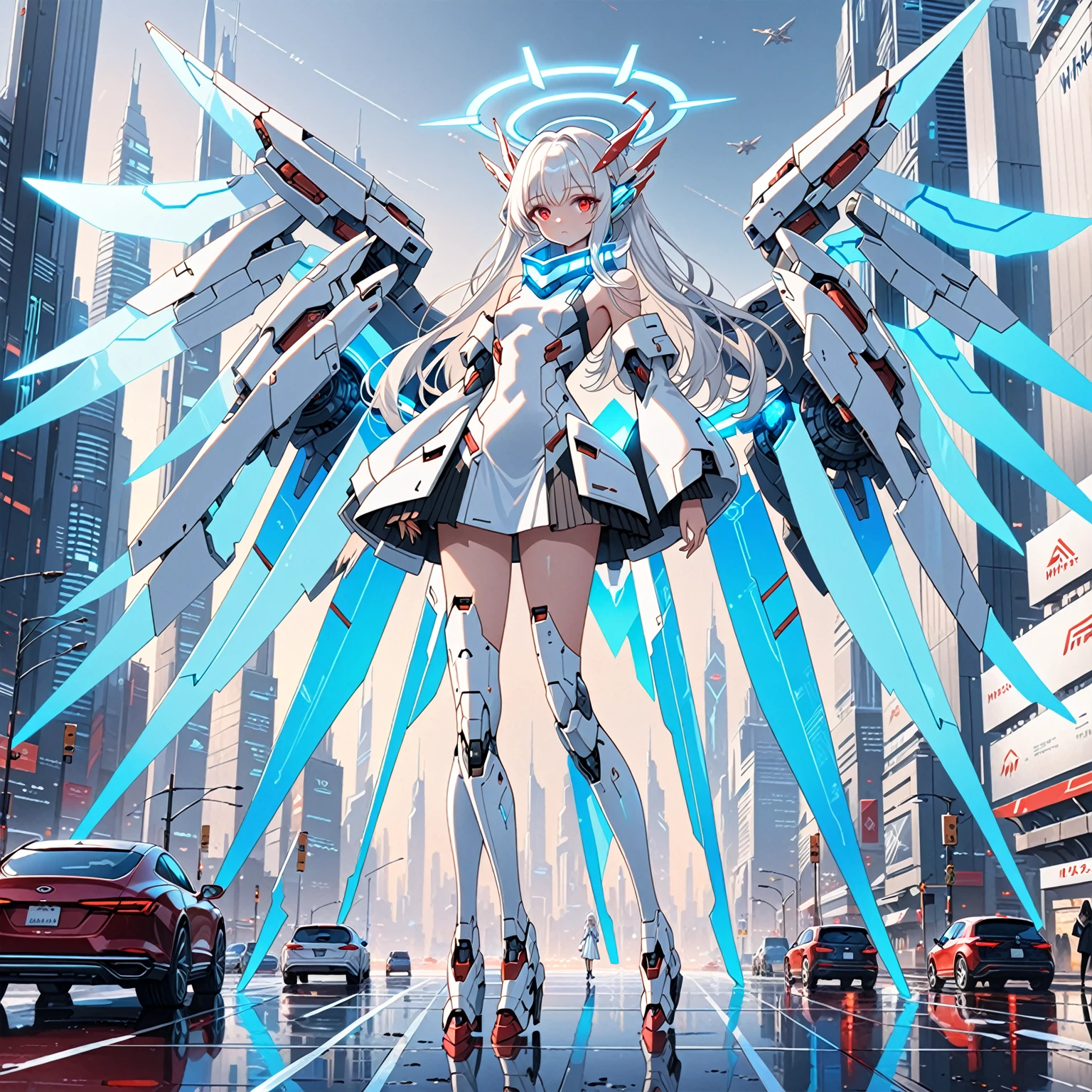 masterpiece, highest quality, highest resolution, clear_image, detailed details, white hair, long hair, 1 girl, car ears, red eyes, futuristic wings, futuristic halo, white sci fi mecha dress, white scarf (around the neck withn a light blue glow), full body, no water marks, city