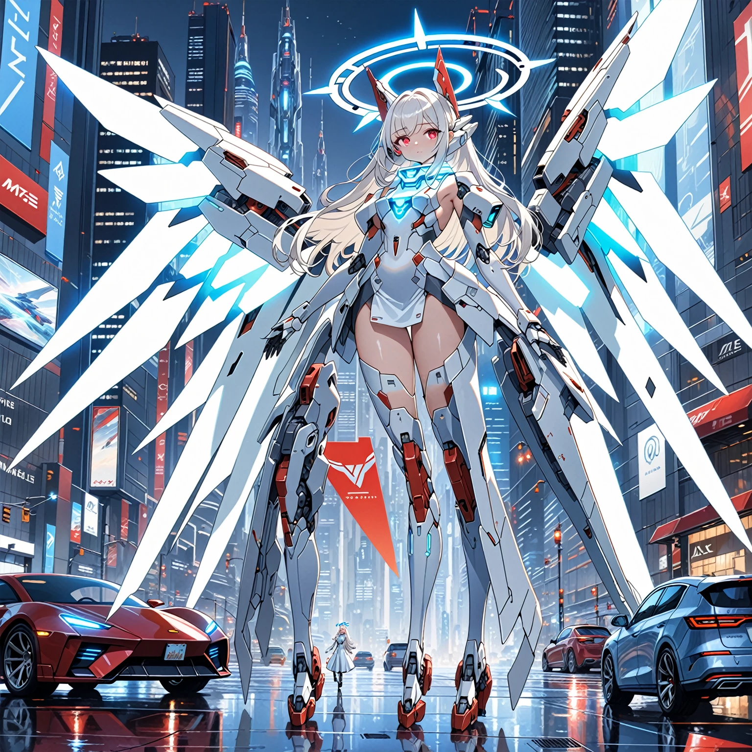 masterpiece, highest quality, highest resolution, clear_image, detailed details, white hair, long hair, 1 girl, car ears, red eyes, futuristic wings, futuristic halo, white sci fi mecha dress, white scarf (around the neck withn a light blue glow), full body, no water marks, city