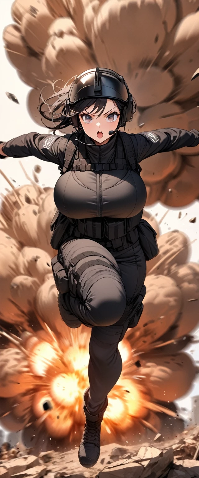 (masterpiece),(Highest quality),(High resolution),(Very detailed),One Woman,Japanese,Black Hair,Short Bob,Beautiful Eyes,Long eyelashes,Beautiful Hair,Beautiful Skin,strict,whole body,break(((Huge explosion behind woman:1.4))),Jump to escape the explosion,(Dynamic Movement),((Small machine gun)),SWAT Uniforms,Black bulletproof vest, Combat Boots,Black Tactical Forster,Tactical Headset,Tactical Helmet,(The background is the rubble of ruins),(((Background Blur)))
