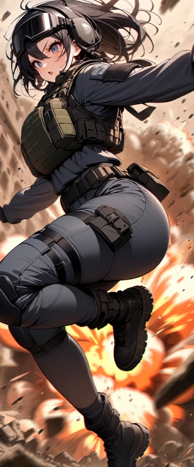 (masterpiece),(Highest quality),(High resolution),(Very detailed),One Woman,Japanese,Black Hair,Short Bob,Beautiful Eyes,Long eyelashes,Beautiful Hair,Beautiful Skin,strict,whole body,break(((Huge explosion behind woman:1.4))),Jump to escape the explosion,(Dynamic Movement),((Small machine gun)),SWAT Uniforms,Black bulletproof vest, Combat Boots,Black Tactical Forster,Tactical Headset,Tactical Helmet,(The background is the rubble of ruins),(((Background Blur)))