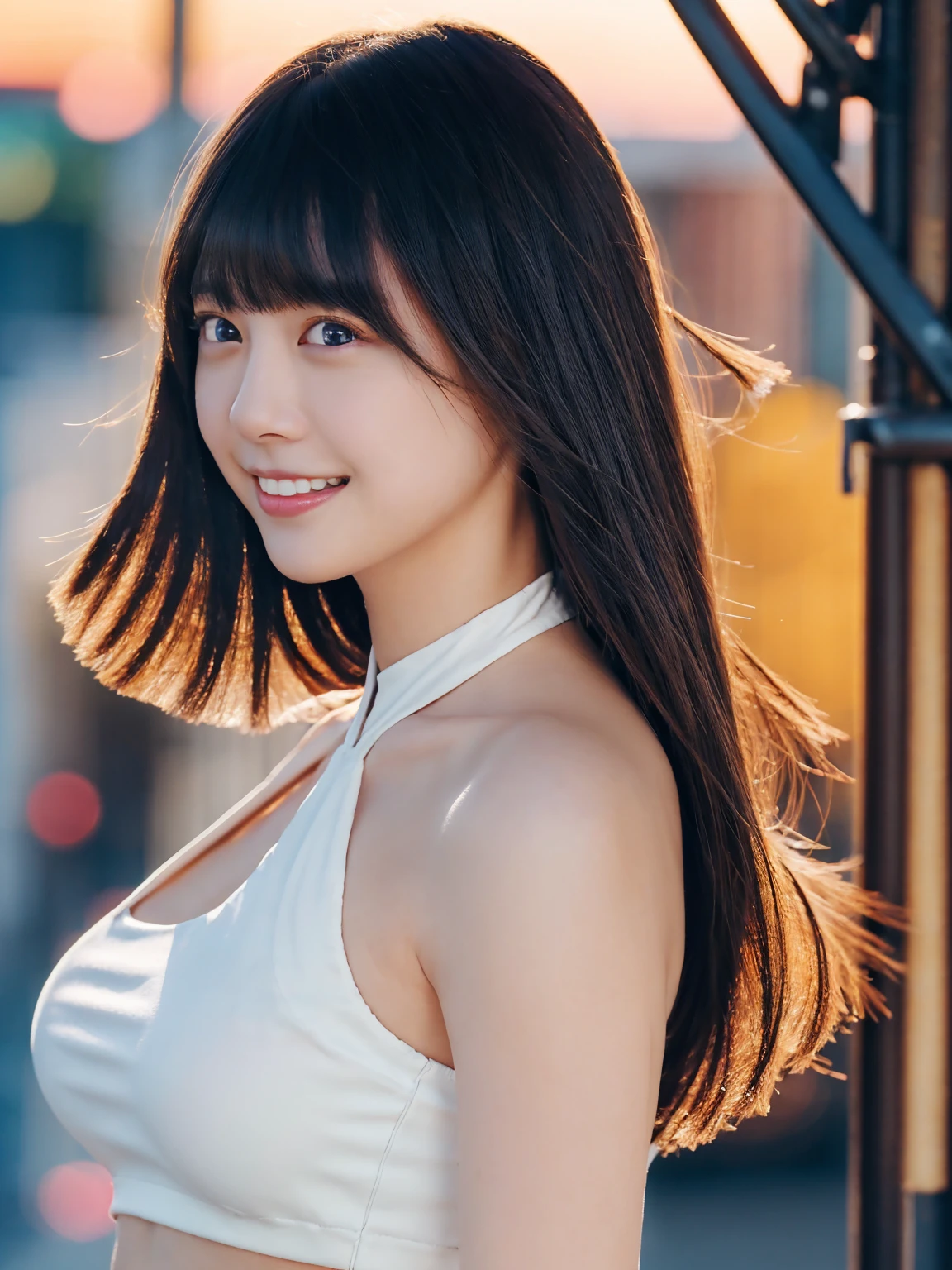 1girl,(wearing a neck halter crop top),(RAW photo, best quality), (realistic, photo-realistic:1.4), masterpiece, an extremely delicate and beautiful, extremely detailed, 2k wallpaper, Amazing, finely detail, extremely detailed CG unity 8k wallpaper, ultra-detailed, highres, soft light, beautiful detailed girl, extremely detailed eyes and face, beautiful detailed nose, beautiful detailed eyes,cinematic lighting,city lights at night,perfect anatomy,slender body,light smile,close up,(long hair with bangs), big breast size, potrait, side view