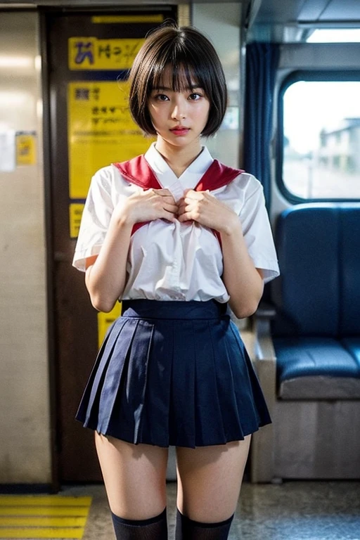 (8k、RAW Photos、Highest quality、masterpiece:1.2)、(Realistic、Photorealistic)、1 girl,(A high school girl lifts her skirt to show off her underwear on the train:1.6)、(Cute Face:1.3)、Japanese 1 girl,(Japanese schoolgirl)、(1 real high school girl)、(Japanese High School Uniform:1.6),Small breasts,Perfect Skin,Detail Skin,(pretty girl,short hair,Squeezing pussy:1.7)