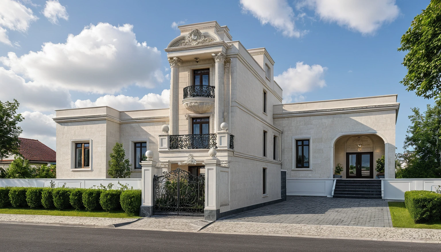 Masterpiece, high quality, best quality, authentic, super detail, outdoors, onestoreyvillaXL, aiaigroup, house style classic with mansard roof and decorative moulding, pediment, house on the street, bancony sphere shape, white wall ,road,pavement, grass, trees along the street front of the house, sky, cloud, (daylight:1.1)
