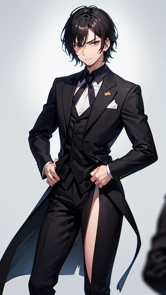 Full Body,Anime - Style image of a man in black and white shirt and pants, Beautiful anime poses, Tall anime boy with blue eyes, Full body portrait de un corto!, Male anime style, Full body anime illustration, Anime Youth, !!Full body portrait!!, inspired by Itō Ogura Yonesuke, inspired by Okumura Masanobu