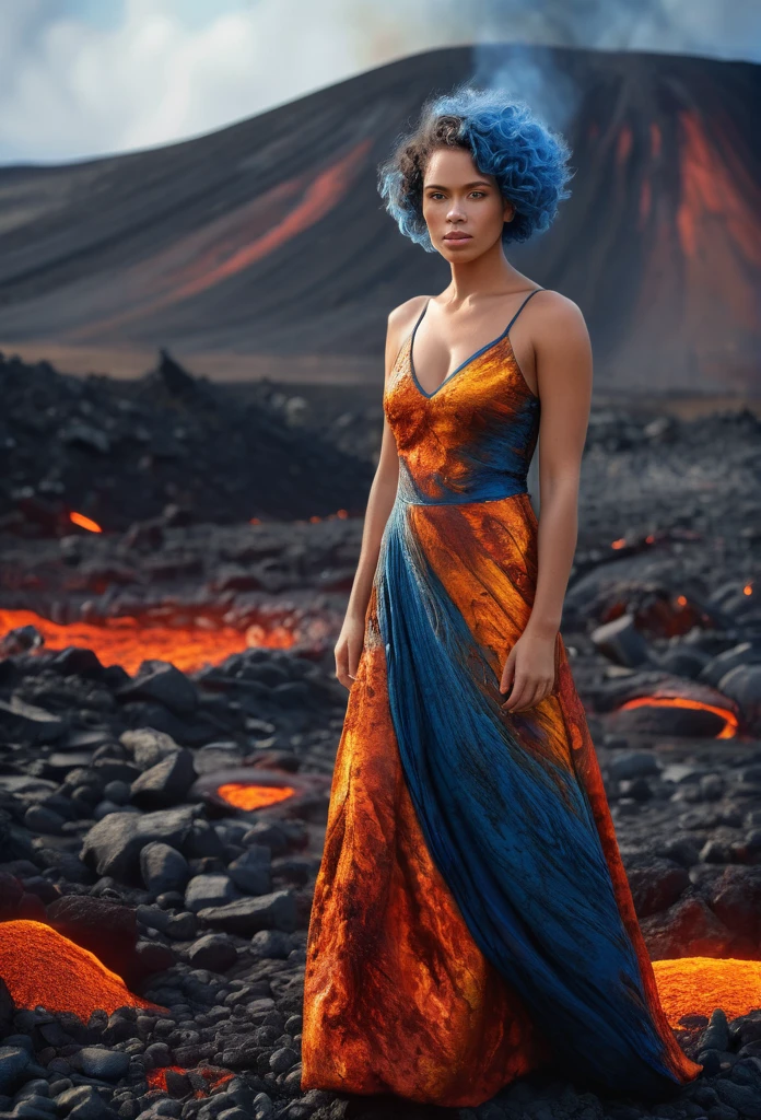 a beautiful biracial woman, wearing a magma dress, blue eyes, blue hair, standing in a volcanic landscape, magma on the floor, fire and heat surrounding her, (best quality, 4k, 8k, highres, masterpiece:1.2), ultra-detailed, (realistic, photorealistic, photo-realistic:1.37), HDR, studio lighting, ultra-fine painting, sharp focus, physically-based rendering, extreme detail description, professional, vivid colors, bokeh, portrait