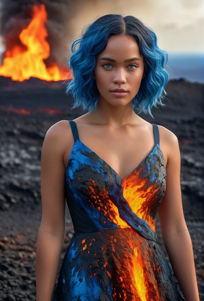 a beautiful biracial woman, extremely detailed face, wearing a magma dress, blue eyes, blue hair, standing in a volcanic landscape, magma on the floor, fire and heat surrounding her, light of fire (best quality, 4k, 8k, highres, masterpiece:1.2), ultra-detailed, (realistic, photorealistic, photo-realistic:1.37), HDR, studio lighting, ultra-fine painting, sharp focus, physically-based rendering, extreme detail description, professional, vivid colors, bokeh, portrait
