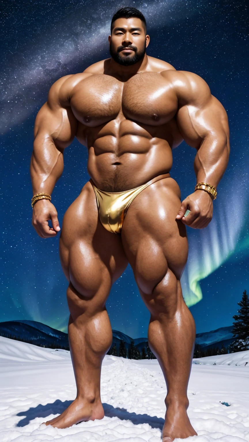 There is only one handsome Chinese man in the photo,35 years old,tall, Fitness,Smooth body,Smooth skin,No chest hair,short hair, O-Shaped Beard,Perfect body, Dark skin color,Radiant Skin,Smooth skin,Shiny, shiny skin,Smooth pectoral muscles,Muscle bulge, muscular, Very large pectoral muscles,Very sexy abdominal muscles,Very well-developed leg muscles,Huge concave and convex area,Brightens oily skin,Wearing a shiny gold leather thong,Handsome face,Normal human toes,Correct and accurate male body proportions,Gold Collar,Gold bracelet,Gold anklets,Standing in the snow,Night sky,A sky full of stars,There are auroras,Colorful,Charming dream scene,Epic。