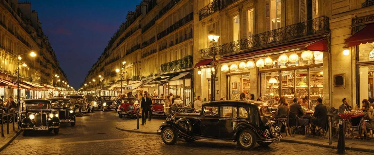 Cityscape, street cafeteria in Paris, night market, road lamps, cars, bookstore, long shot, wide view, sunset, vehicles, Vintage cars and elegantly dressed pedestrians add to the atmosphere of sophistication and glamour
