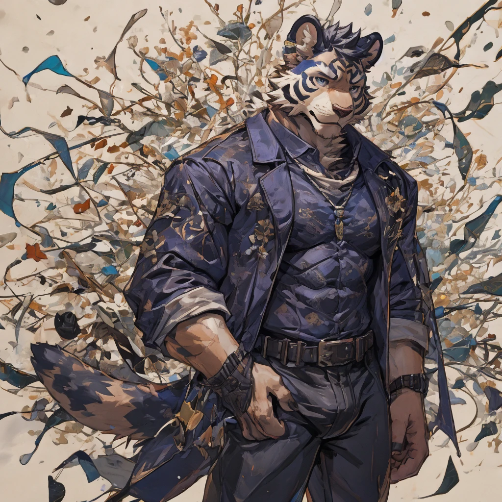 {{bara extremely handsome white tiger,}} {{white fur,}} white, wearing elegant ornate suit jacket, trousers, white dress shirt and necktie, white fluffy furry body and limbs, loafers, very tall, very broad shoulders, narrow waist, muscular arms, massive pecs, purple eyes, very long legs, massive bulge, sophisticated hot look, 3/4 view, best quality, high detail, CG image, character splash art, silver earring on left ear, sultry smirk