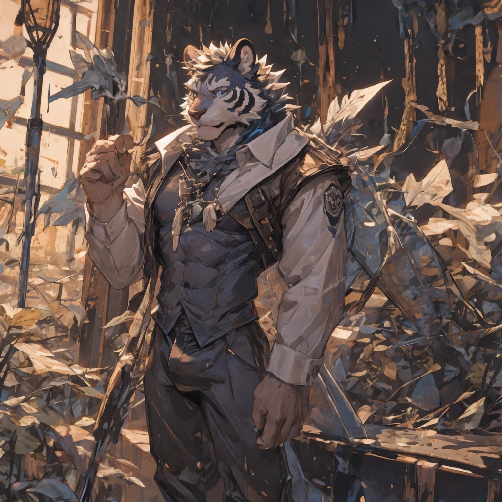 {{bara extremely handsome white tiger,}} {{white fur,}} white, wearing elegant ornate suit jacket, trousers, white dress shirt and necktie, white fluffy furry body and limbs, loafers, very tall, very broad shoulders, narrow waist, muscular arms, massive pecs, purple eyes, very long legs, massive bulge, sophisticated hot look, 3/4 view, best quality, high detail, CG image, character splash art, silver earring on left ear, sultry smirk