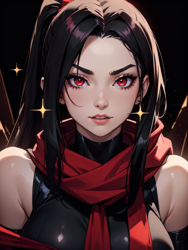 (((Portrait Photo))), She has a Bold, Assertive 18-Year-Old Appearance, with a Strong, Curvaceous Build, and an Athletic Figure. She has Long, Straight Black Hair Tied in a High Ponytail, with Loose Strands Framing Her Face. Her Fiery Red Eyes Sparkle with Boldness and Mischief, Giving Off a Fearless and Self-Confident Attitude. She Wears a Black, Form-Fitting Sleeveless Bodysuit with Cutouts, Paired with a Long Red Scarf. (((High Quality, Dark Background))), (((Portrait Photo)))
