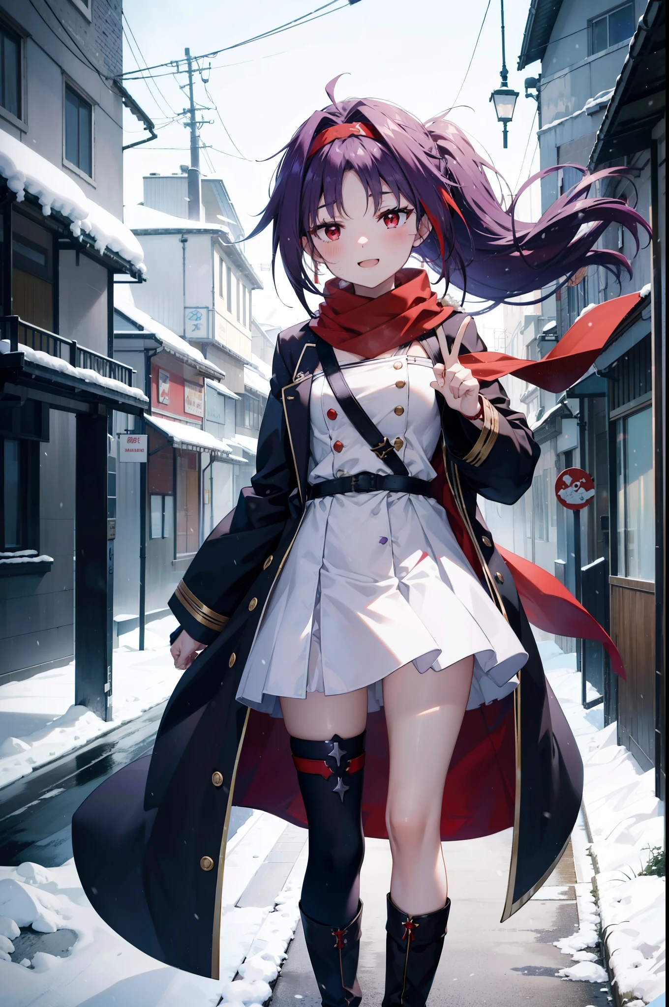 yuukikonno, Konno Yuuki, Long Hair, Pointed Ears, Purple Hair, (Red eyes:1.5), (Small breasts:1.2), Open your mouth,happy smile, smile, Open your mouth,hair band,low ponytail,Red Scarf,Purple long coat,sweater,Long skirt,short boots,snowが降っている,snowが降り積もっている,snow,snow,snow,snow,winter,Cold night,Walking,whole bodyがイラストに入るように,Looking down from above,
break looking at viewer, whole body,
break outdoors, In town,
break (masterpiece:1.2), Highest quality, High resolution, unity 8k wallpaper, (figure:0.8), (Beautiful attention to detail:1.6), Highly detailed face, Perfect lighting, Highly detailed CG, (Perfect hands, Perfect Anatomy),