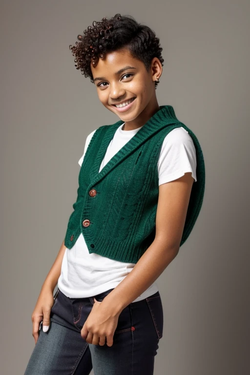 One thirteen years old androgynous girl, black , copper skin, black short curly hair, pixie cut, shaved hair on the sides, colored highlights, blue highlights, green highlights, red highlights, purple highlights, one young girl wearing a white shirt under a grey wool knitted vest with a green apple and red apple print, light-wash high-waisted jeans pants, wearing one red converse and one green converse, (cute), freckles, dark green eyes, red and green colorscheme, cute pose, excited pose, dynamic pose, fun pose, smiling, in love,