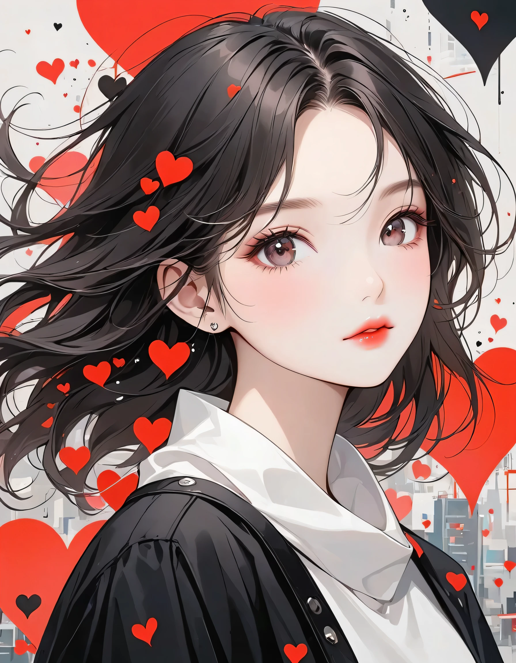 Black Star Red and White style, Simple Line Initialism，Abstract art，Urban Background, (((The most beautiful girl of all time))), Sweet face. Lips in love, colorful hearts, stylish design