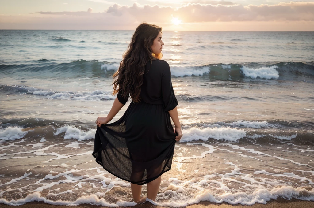 8k, highest quality, ultra details, hispanic A photorealistic image showcases a hispanic girl with a serene expression, her wavy brown hair cascading down her back. She stands on a picturesque beach at sunset, with waves gently crashing against the shore. The girl wears a flowing, ethereal black dress that billows in the breeze. The camera captures her from a distance, allowing the viewer to appreciate the vastness of the beach and the vibrant colors of the sunset. Perfectly framing the girl against the stunning natural backdrop. The lighting soft and warm, casting a golden glow on the scene. This image captures the tranquility and beauty of the girl's connection to nature.