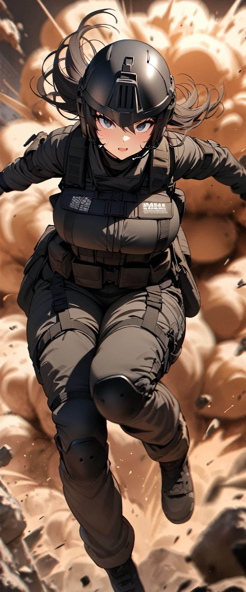 (masterpiece),(Highest quality),(High resolution),(Very detailed),One Woman,Japanese,Black Hair,Short Bob,Beautiful Eyes,Long eyelashes,Beautiful Hair,Beautiful Skin,strict,whole body,break(((Huge explosion behind woman:1.3))),narrowly escape the explosion,(Dynamic Movement),((Small machine gun)),SWAT Uniforms,Black bulletproof vest, Combat Boots,Black Tactical Forster,Tactical Headset,Tactical Helmet,(The background is the rubble of ruins),(((Background Blur)))