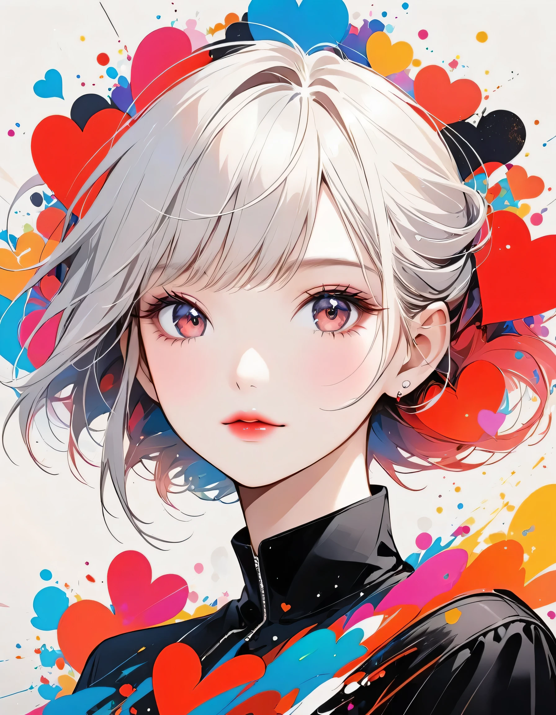 Black Star Red and White style, Simple Line Initialism,Abstract art,Urban Background, (((The most beautiful girl of all time))), Sweet face. Lips in love, colorful hearts, stylish design