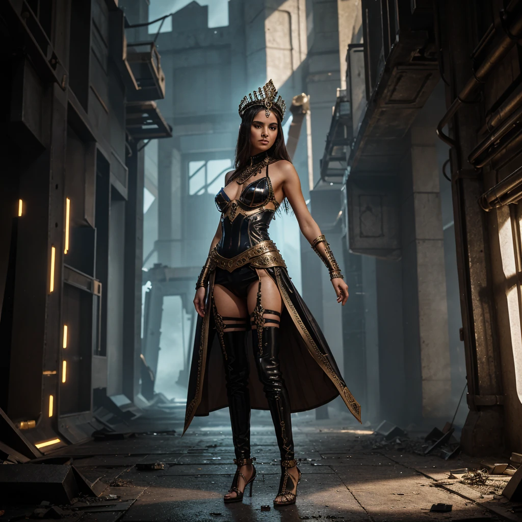 (CthuluBishop:1.2) NeonMutationfull body, whole body. 1solo (girl). slave fighter, loincloth standing, hands on hips full body, whole body. 1solo (girl). slave fighter, loincloth standing, hands on hips, metal sandals, backpack, choker, big belt, view from below, feet together, bracers, tiara