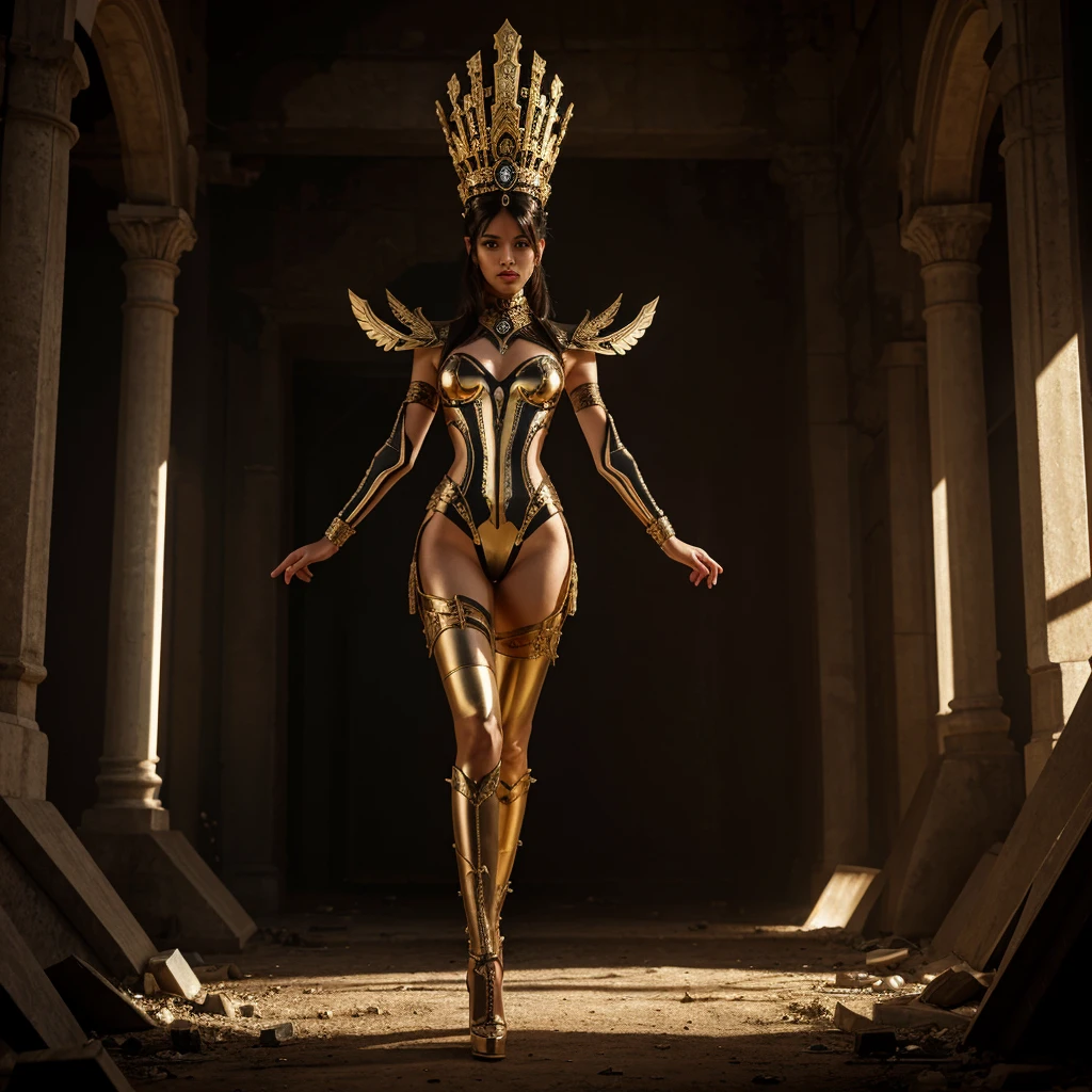 Full-body shot of an alluring woman in an extravagant, ancient-crown-inspired headpiece with futuristic embellishments. She has long legs and a highly seductive figure, with a face characterized by sharp, defined features and metallic accents. Her outfit is a transparent, form-fitting material with integrated glowing lines. Background: a post-apocalyptic setting with remnants of advanced technology. Pose: one hand raised, as if addressing an audience or controlling advanced technology, her stance both commanding and sensual.