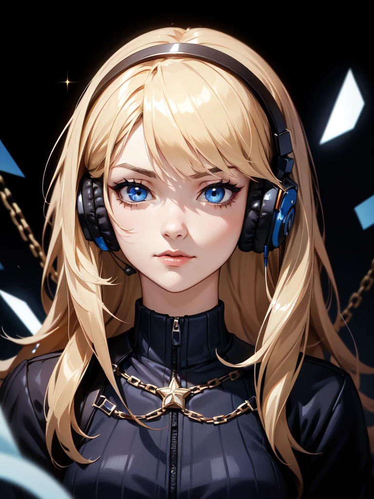 (((Portrait Photo))), She has a Strong, Youthful 18-Year-Old Appearance, with a Slim, Athletic Build, and an Austere Demeanor. She has Short, Wavy Blonde Hair, Styled in a Chic, Loose Bob, with Strands Falling Over Her Face. Her Striking Blue Eyes Sparkle with Elegance, Giving Off a Calm and Friendly Attitude. She Wears a Black, Fitted Outfit with Chains and Belts as Accessories, and Large Headphones on Her Ears. (((High Quality, Dark Background))), (((Portrait Photo)))