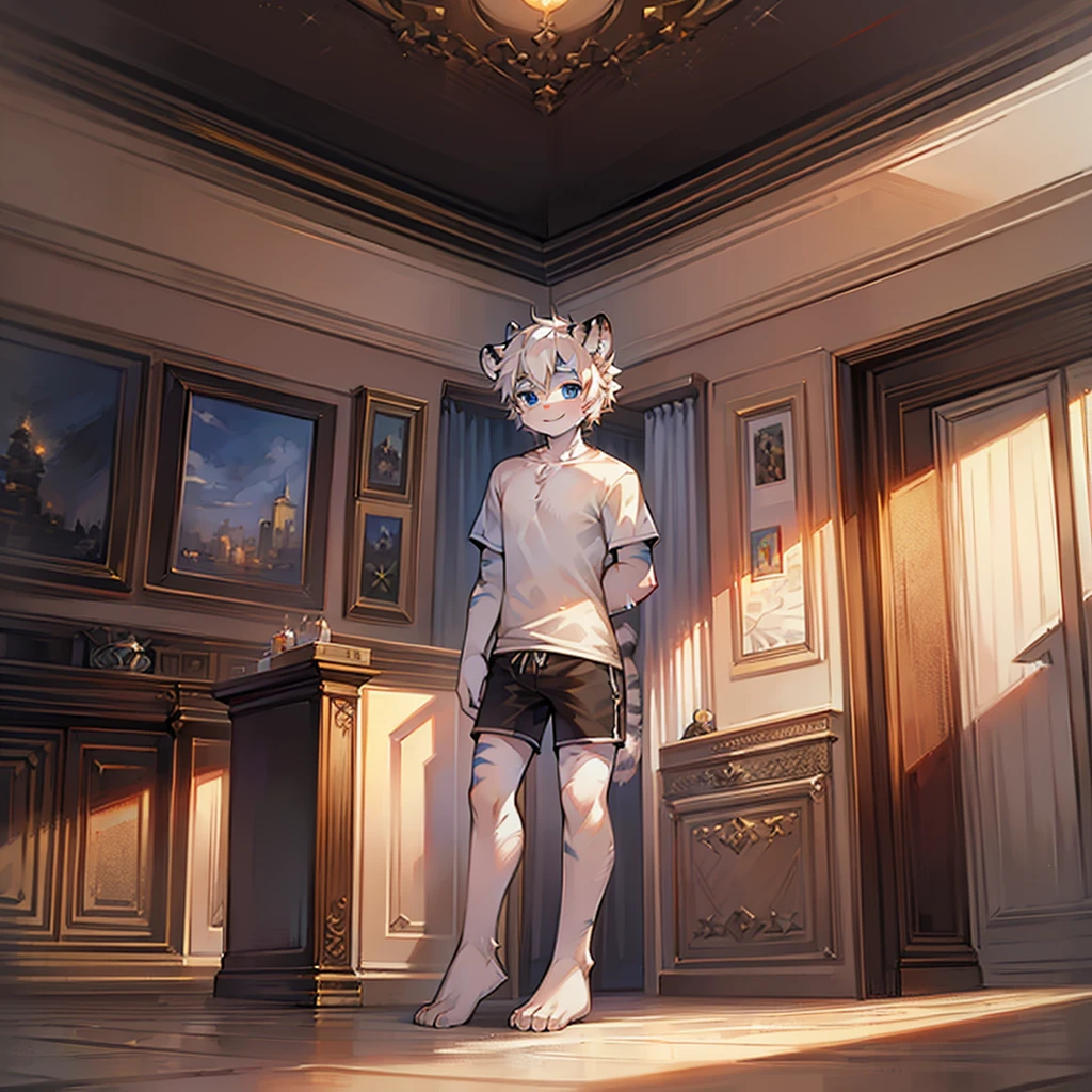 teenager，Alone， Short white hair, ear, Upper Body, living room，Standing on the ground，hairy, White hair everywhere, White hair everywhere, White Tiger, Tiger tail, masterpiece, High quality portrait,Humanoid, Youthful style, posture, panoramic, White Tiger型, Green short sleeves, Black shorts, super Handsome face, Handsome, Tiger Youth, blue eyes, White Tiger, white ear, barefoot，Look at the audience with a smile