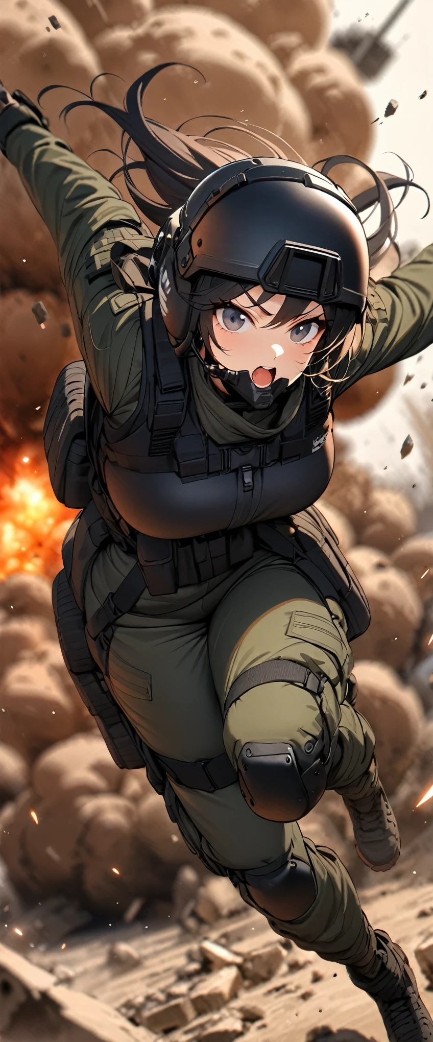 (masterpiece),(Highest quality),(High resolution),(Very detailed),One Woman,Japanese,Black Hair,Short Bob,Beautiful Eyes,Long eyelashes,Beautiful Hair,Beautiful Skin,strict,whole body,break(((Huge explosion behind woman:1.4))),Jump to escape the explosion,(Dynamic Movement),((Small machine gun)),SWAT Uniforms,Black bulletproof vest, Combat Boots,Black Tactical Forster,Tactical Headset,Tactical Helmet,(The background is the rubble of ruins),(((Background Blur)))