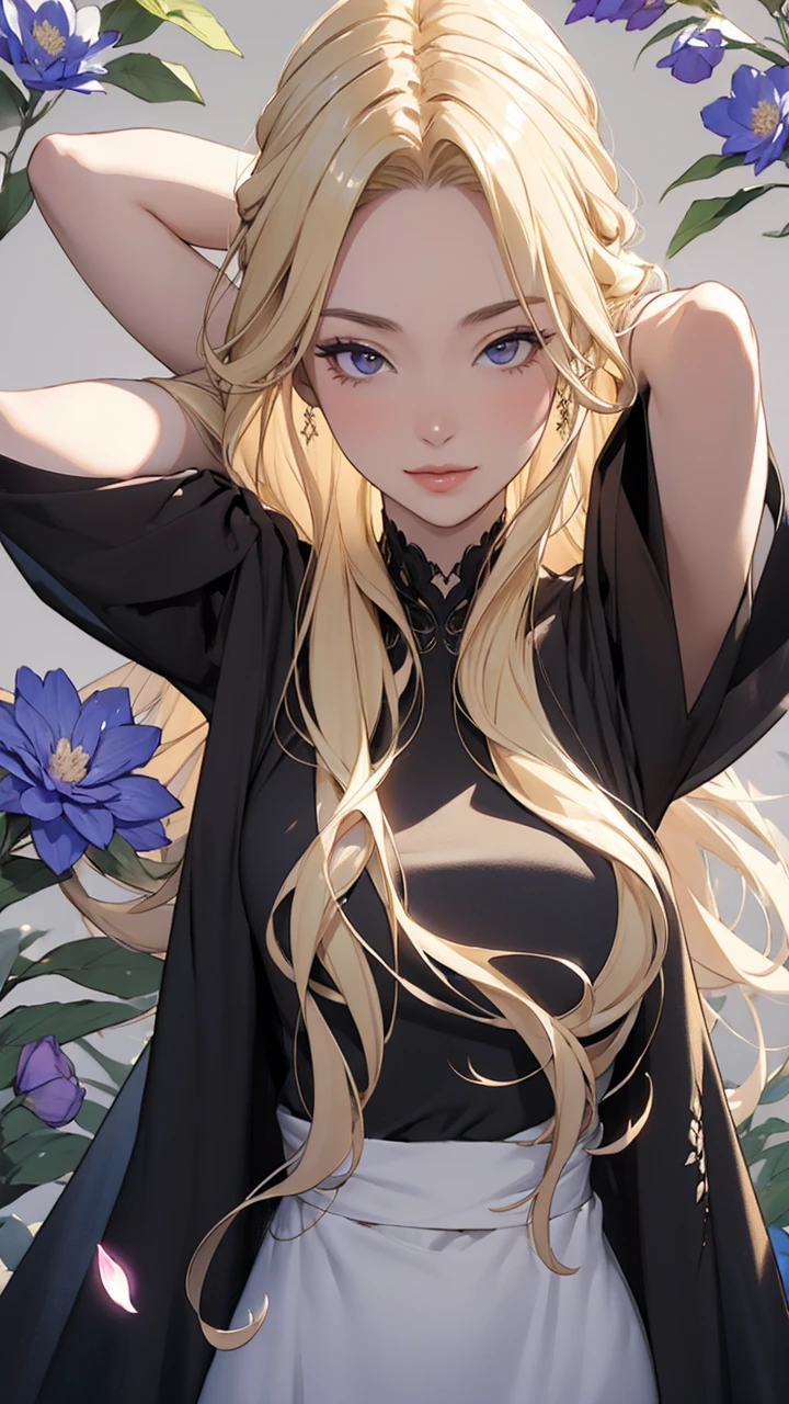 (masterpiece, best quality, ultra-detailed:1.3), 1girl, arms behind head, (smile:0.5) edgPetal, a woman wearing a black dress made of flower petals, wearing edgPetal, garden background, dimly lit BREAK (long blonde hair), mid parted hair