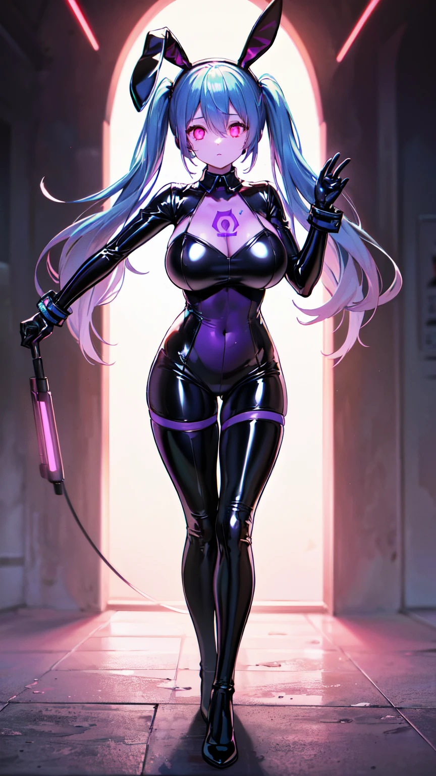 最high quality、Best image quality、masterpiece、Hatsune Miku Vocaloid、Big breasted android girl((18-year-old、red, Glowing black and blue cyber suit、brainwashing,Combatant, Hollow Eyes,((Purple glowing eyes 1.5)), Huge breasts , Expressionless, Emotions are removed,Bunny girl,Black Stockings,(Black latex tight bunny suit),avert your eyes , whole body shape, ((stand up)),(最high quality、4K、8k、High resolution、Must have:1.2)、Very detailed、(reality、that&#39;s reality的、reality的:1.37)、Best Bust、Bust 90、Twin tails、Open your chest wide、valley、happiness、thin、Expressionless、)）high quality、Beautiful art、background((Metro City、cyber punk、Nightclub、Cyber World))、Tabletop、Exquisite design、Visual Arts、Concept Artist、Five Fingers, Perfect body, {{{masterpiece}}}, {{{最high quality}}}, {{Very detailed}}, {shape}, {{Very delicate and beautiful}},Improved cost performance、All Roles、Canon 5D MK4でphotograph、photograph,