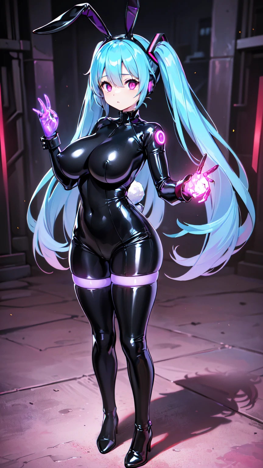 最high quality、Best image quality、masterpiece、Hatsune Miku Vocaloid、Big breasted android girl((18-year-old、red, Glowing black and blue cyber suit、brainwashing,Combatant, Hollow Eyes,((Purple glowing eyes 1.5)), Huge breasts , Expressionless, Emotions are removed,Bunny girl,Black Stockings,(Black latex tight bunny suit),avert your eyes , whole body shape, ((stand up)),(最high quality、4K、8k、High resolution、Must have:1.2)、Very detailed、(reality、that's reality的、reality的:1.37)、Best Bust、Bust 90、Twin tails、Open your chest wide、valley、happiness、thin、Expressionless、))high quality、Beautiful art、background((Metro City、cyber punk、Nightclub、Cyber World))、Tabletop、Exquisite design、Visual Arts、Concept Artist、Five Fingers, Perfect body, {{{masterpiece}}}, {{{最high quality}}}, {{Very detailed}}, {shape}, {{Very delicate and beautiful}},Improved cost performance、All Roles、Canon 5D MK4でphotograph、photograph,