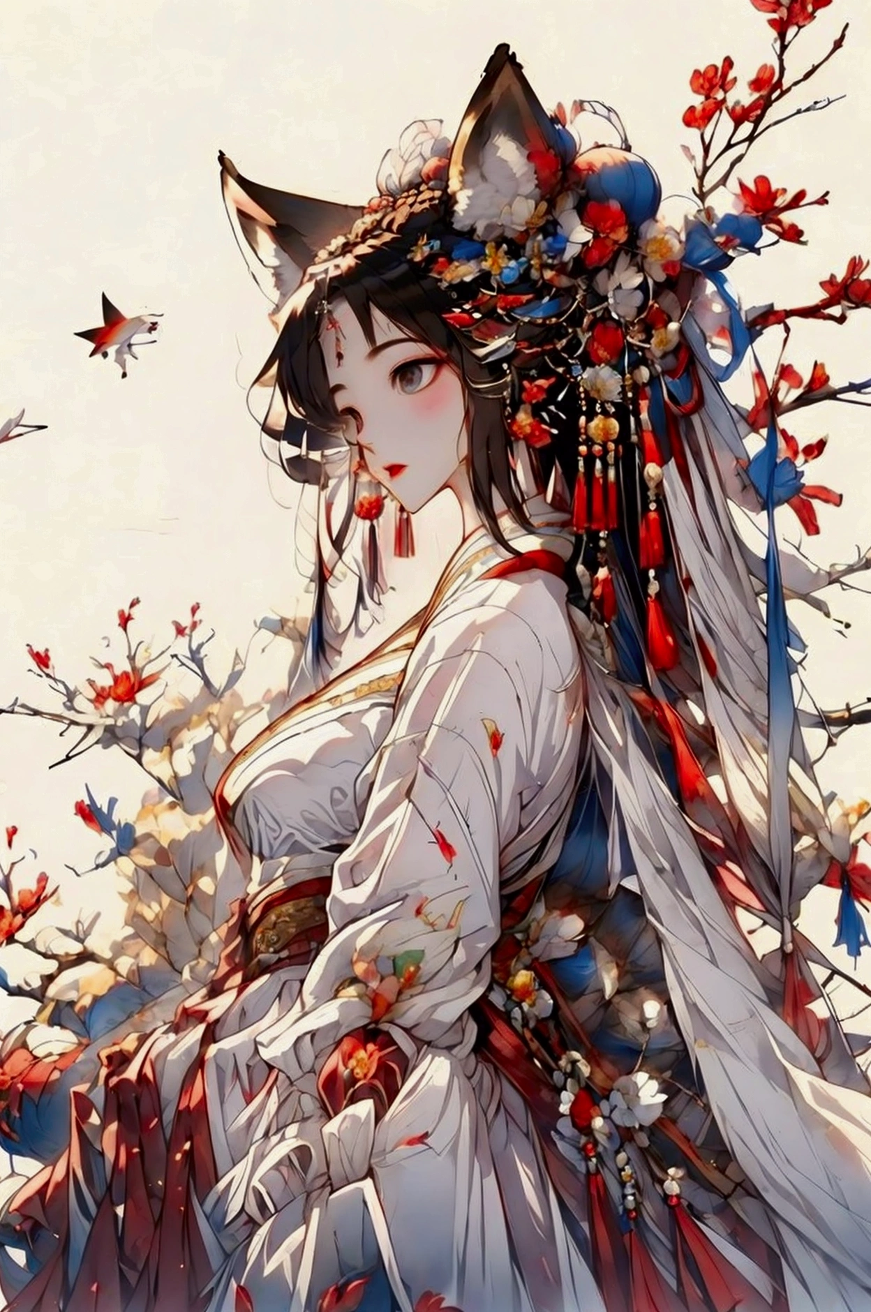 mural，Ultra-high sharpness，A magnificent scene，Colorful，Vibrant colors，moon，Positive face，In the center of the picture is a fox girl，((The fox is anthropomorphic))，A woman wearing silk Hanfu，Fox wearing a golden round headdress，Exquisite clothing and jewelry，Fox Stepping on Colorful Clouds，敦煌mural，