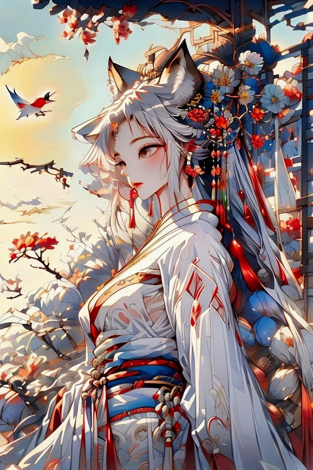 mural，Ultra-high sharpness，A magnificent scene，Colorful，Vibrant colors，moon，Positive face，In the center of the picture is a fox girl，((The fox is anthropomorphic))，A woman wearing silk Hanfu，Fox wearing a golden round headdress，Exquisite clothing and jewelry，Fox Stepping on Colorful Clouds，敦煌mural，