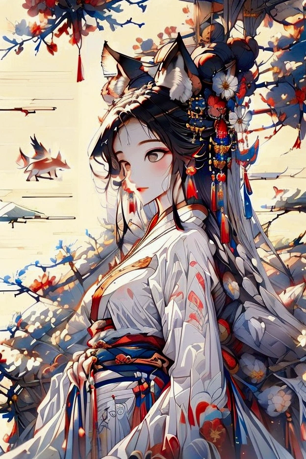 mural，Ultra-high sharpness，A magnificent scene，Colorful，Vibrant colors，moon，Positive face，In the center of the picture is a fox girl，((The fox is anthropomorphic))，A woman wearing silk Hanfu，Fox wearing a golden round headdress，Exquisite clothing and jewelry，Fox Stepping on Colorful Clouds，敦煌mural，