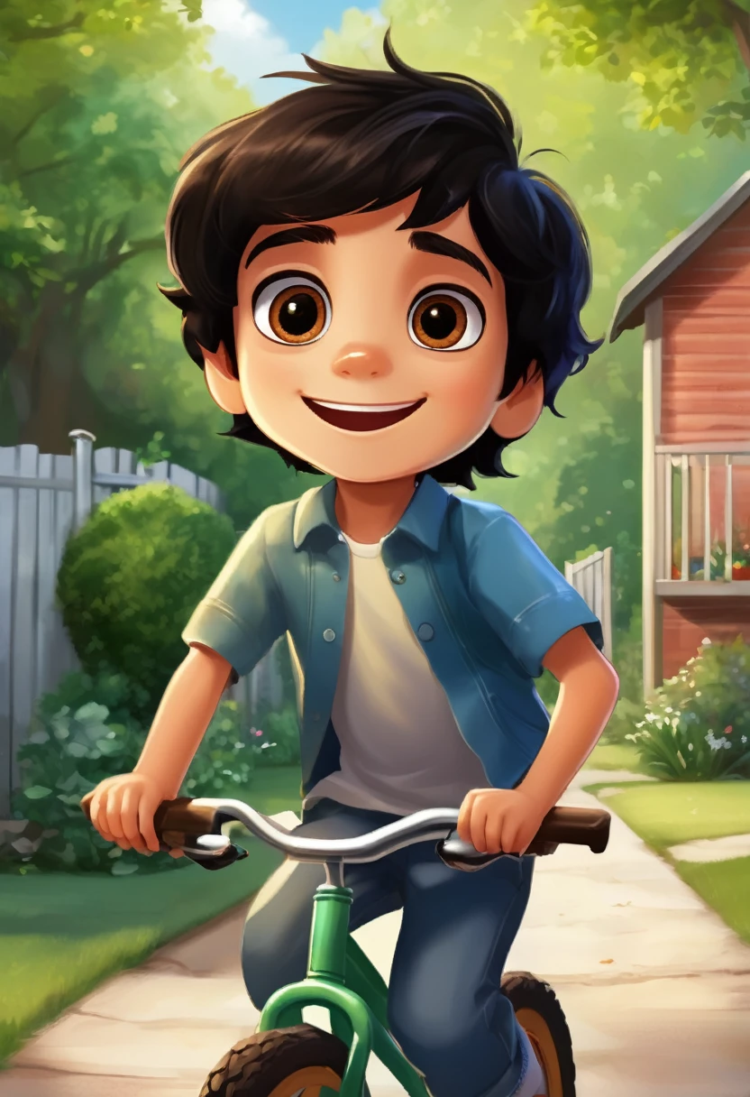 Make a picture of a seven year old boy with dark black hair and brown eyes, riding a bike in the backyard
