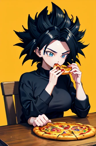 work of art, best qualityer,  Defcaulifla, Bblack hair, eyes black, sweatshirt Amarelo, sweatshirt, sitting down, tabletop,  holding a huge pizza na pizzaria🍕 with both hands, eating, pizza 🍕