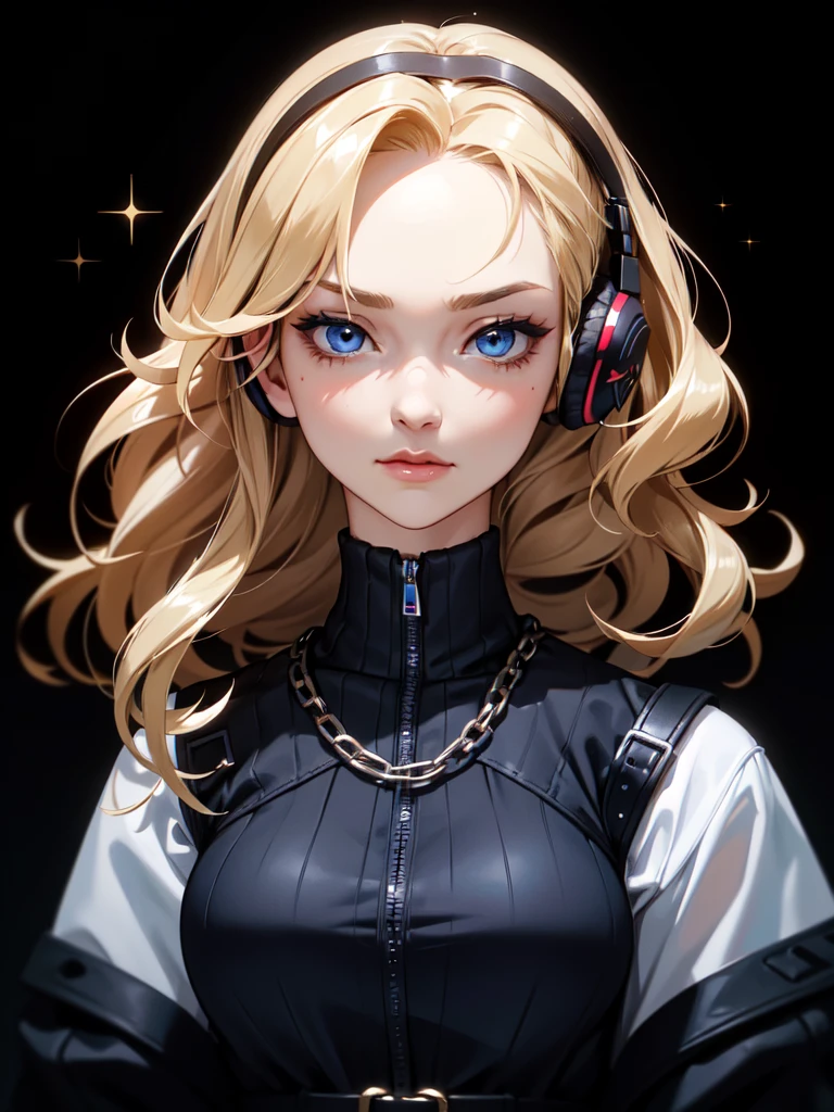 (((Portrait Photo))), She has a Strong, Youthful 18-Year-Old Appearance, with a Slim, Athletic Build, and an Austere Demeanor. She has Short, Wavy Blonde Hair, Styled in a Chic, Loose Bob, with Strands Falling Over Her Face. Her Striking Blue Eyes Sparkle with Elegance, Giving Off a Calm and Friendly Attitude. She Wears a Black, Fitted Outfit with Chains and Belts as Accessories, and Large Headphones on Her Ears. (((High Quality, Dark Background))), (((Portrait Photo)))