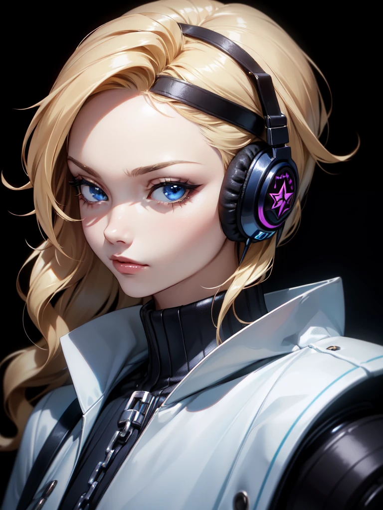 (((Portrait Photo))), She has a Strong, Youthful 18-Year-Old Appearance, with a Slim, Athletic Build, and an Austere Demeanor. She has Short, Wavy Blonde Hair, Styled in a Chic, Loose Bob, with Strands Falling Over Her Face. Her Striking Blue Eyes Sparkle with Elegance, Giving Off a Calm and Friendly Attitude. She Wears a Black, Fitted Outfit with Chains and Belts as Accessories, and Large Headphones on Her Ears. (((High Quality, Dark Background))), (((Portrait Photo)))