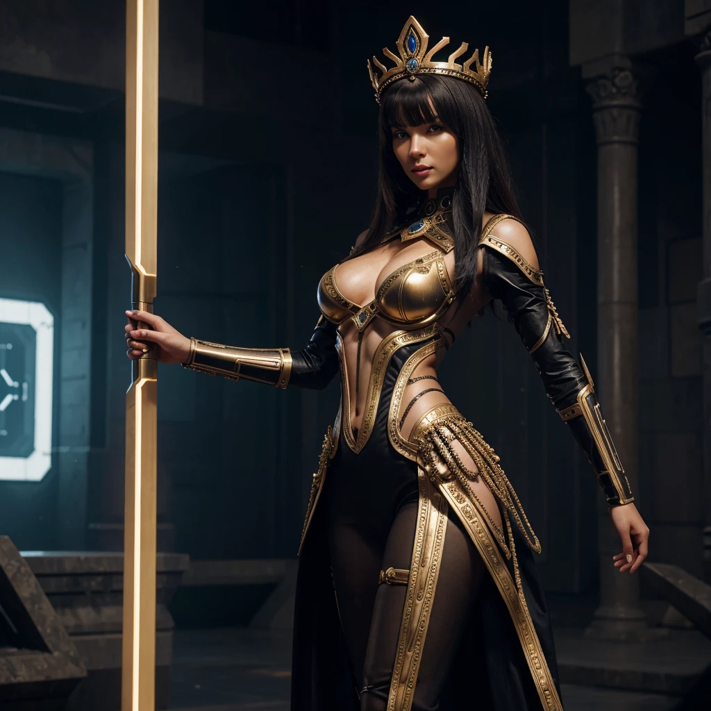 Full-body shot of an alluring woman in an extravagant, ancient-crown-inspired headpiece with futuristic embellishments. She has long legs and a highly seductive figure, with a face characterized by sharp, defined features and metallic accents. Her outfit is a transparent, form-fitting material with integrated glowing lines. Background: a post-apocalyptic setting with remnants of advanced technology. Pose: one hand raised, as if addressing an audience or controlling advanced technology, her stance both commanding and sensual.