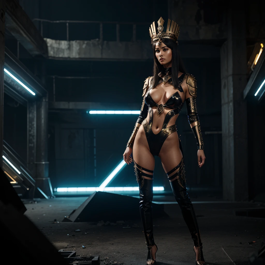 Tranquil Relaxing Atmosphere, Cleopatra standing, reimaged in a cyberpunk universe, cyberpunk style, augmentation, cinematic scene, hero view, action pose, beautiful 8k, masterpiece, best quality, high quality, calming style, soothing colors, peaceful, idealic, Tranquil Relaxing Atmosphere
