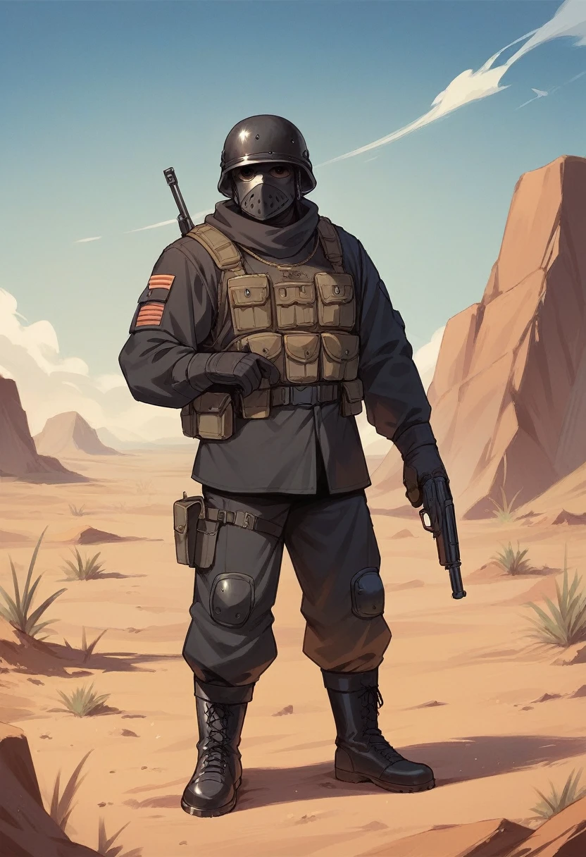 Male soldier, black armour, black helmet and mask, black long boots, desert, gun, black clothes