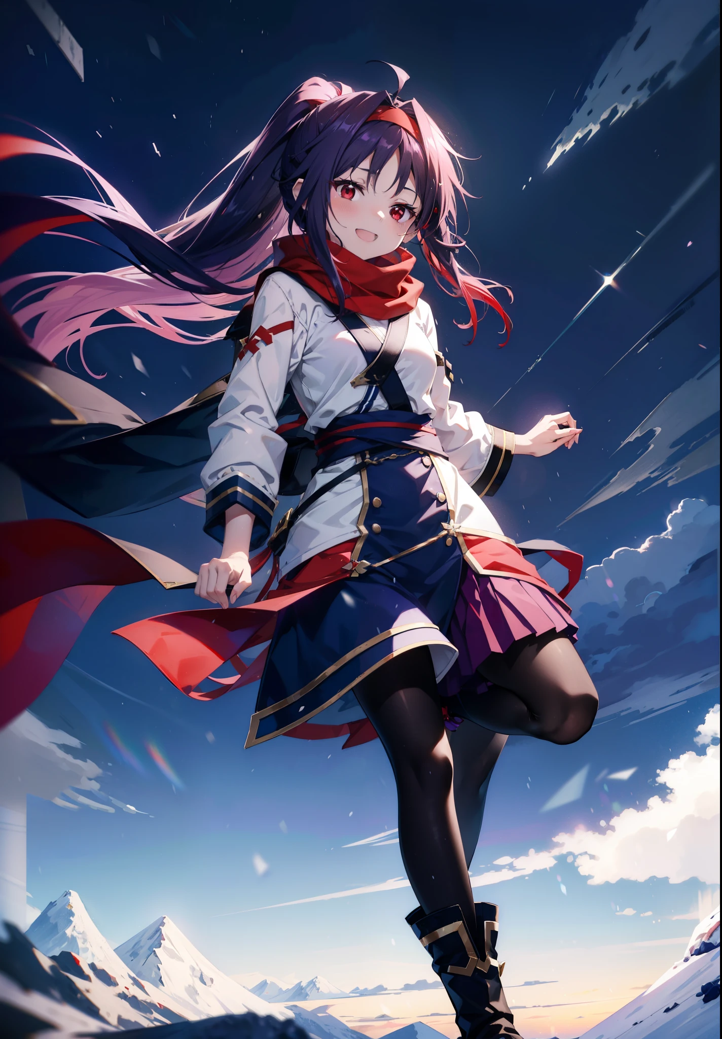 yuukikonno, Konno Yuuki, Long Hair, Pointed Ears, Purple Hair, (Red eyes:1.5), (Small breasts:1.2), Open your mouth,happy smile, smile, Open your mouth,hair band,low ponytail,Red Scarf,Purple long coat,Tokkuri Sweater,Long skirt,Black pantyhose,short boots,snowが降っている,snowが降り積もっている,snow,snow,snow,snow,winter,Cold night,Walking,whole bodyがイラストに入るように,Looking down from above,
break looking at viewer, whole body,
break outdoors, In town,
break (masterpiece:1.2), Highest quality, High resolution, unity 8k wallpaper, (figure:0.8), (Beautiful attention to detail:1.6), Highly detailed face, Perfect lighting, Highly detailed CG, (Perfect hands, Perfect Anatomy),