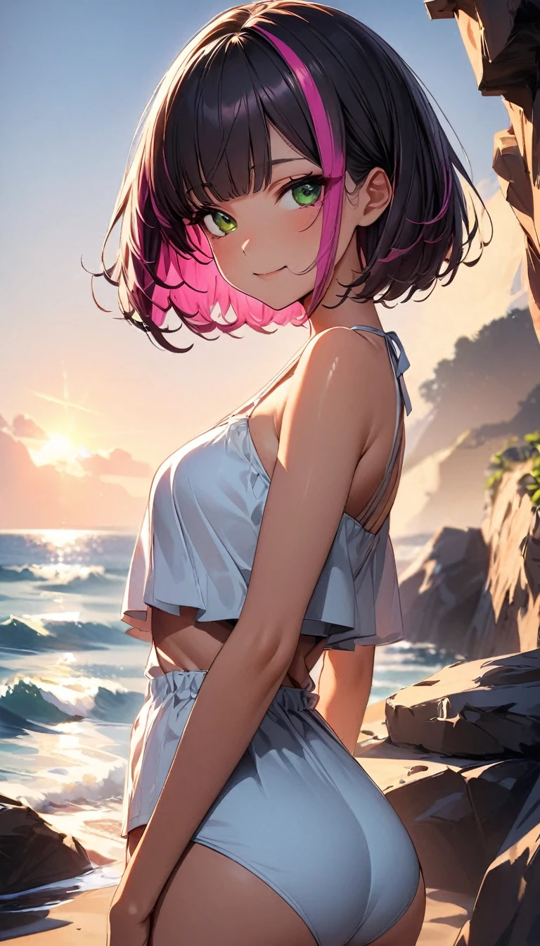 (highest quality:1.2, Very detailed, up to date, Vibrant, Ultra-high resolution, High Contrast, masterpiece:1.2, highest quality, Best aesthetics), Portraiture、girl、20-years-old, slim, , heterrochromia, green eye, red eye, Bright colors、Beautiful fine details、Beautiful lip detail、extra short hair, ((bob cut:1.5))、pink and purple ((streaked hair:1.9)), (highlights hair: 1.6), ((small breast:1.3), (tan skin:0.7), (Aztec-inspired-bikini:1.1), beautiful beach, day, sun shine, blue sky、Resolute expression、((cowboy shot:1.5))