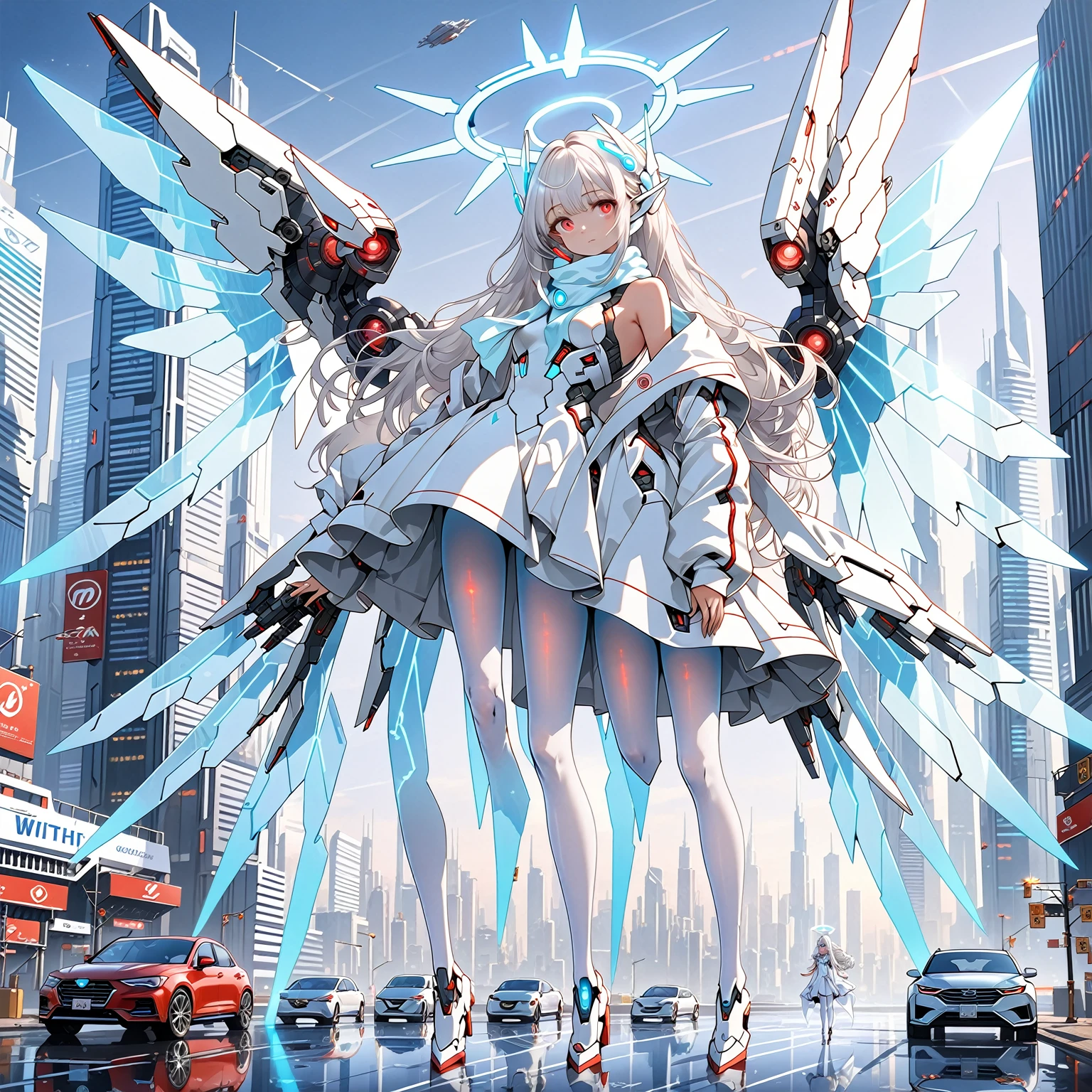 masterpiece, highest quality, highest resolution, clear_image, detailed details, white hair, long hair, 1 girl, car ears, red eyes, futuristic wings, futuristic halo, white sci fi mecha dress, white scarf (around the neck withn a light blue glow), white pantyhose, full body, no water marks, city