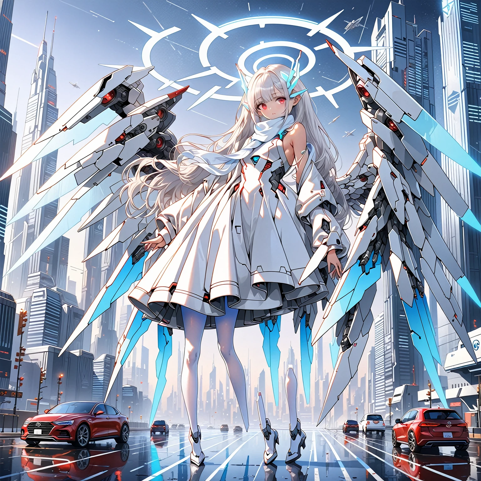 masterpiece, highest quality, highest resolution, clear_image, detailed details, white hair, long hair, 1 girl, car ears, red eyes, futuristic wings, futuristic halo, white sci fi mecha dress, white scarf (around the neck withn a light blue glow), white pantyhose, full body, no water marks, city